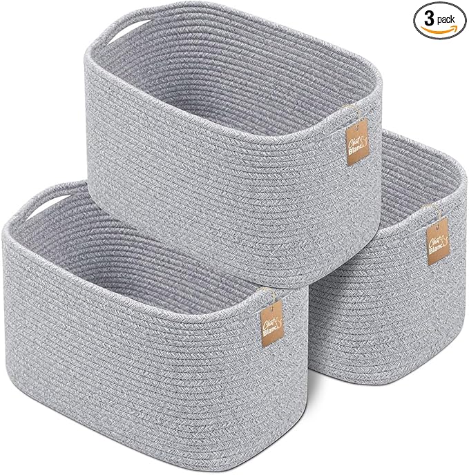 CHAT BLANC Cotton Rope Baskets for Organizing | Storage Baskets for Shelves | Rope Basket for Storage, Small Laundry Baskets, Woven Baskets for Storage, Dog Toy Bin, Baby Basket, Gray 3 Pack