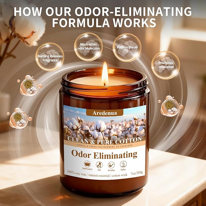 Clean & Pure Cotton Odor Eliminating Candles | Eliminates 95% of Pet, Bad Smell & Bathroom Odors – 7 oz Hand Poured Non-Toxic Soy Candle - Fresh Air Scented Candle Gentle for Pet - Gifts for Families