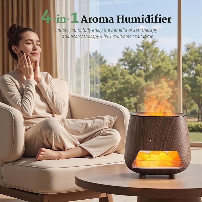 Essential Oil Diffuser for Home: 200ml Aromatherapy Diffuser with Himalayan Pink Salt Rock, Cool Mist Humidifier with Auto Off Function and 9 Colors LED Night Light for Bedroom, Black