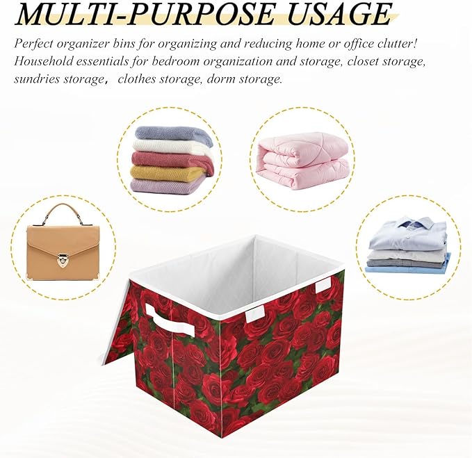 Bolaz Red Rose Leaves Pattern Storage Bins with Lids and Handles, Foldable Storage Box Storage Basket with Cover Collapsible Organizer Containers for Home Closet, Shelves