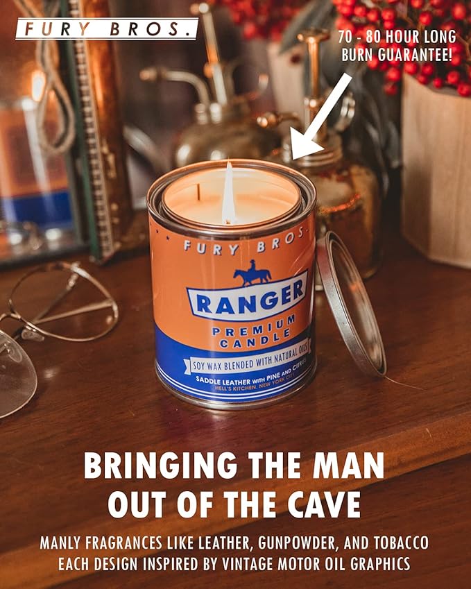 Long-Burning, One-Pint Premium Candles for Men | Vintage Inspired Oil Can Design | Arrowhead - Smoked Tonka & Pipe Tobacco | Soy Wax, Vegan Friendly, Made in The USA | Fury Bros. | Classically Cool