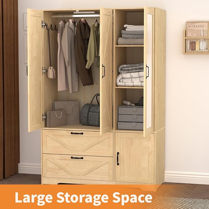 Armoire Wardrobe Closet with Mirror and 2 Drawers, 72''H Bedroom Armoire Wardrobe Cabinet with Hanging Rod and Light,Wooden Bedroom Closet with Adjustable Shelf
