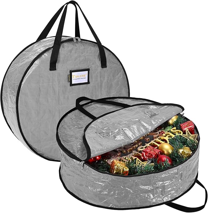 BALEINE Wreath Storage Container, 2 Pack Christmas Wreath Storage Bag with Tear Resistant PE Material and Reinforced Handle for Holiday Xmas (Grey, 30"x8")