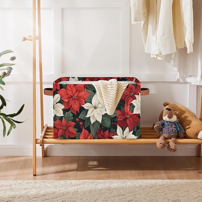 Storage Baskets Bin, Christmas Winter Poinsettia Collapsible Canvas Fabric Storage Bin Decorative Baskets Toy Organizer Rectangle Storage Boxes with Handles for Home Shelves Nursery, J-004