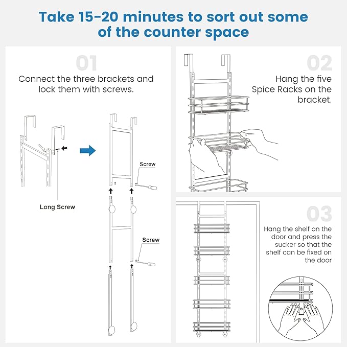 Purdaz Adjustable 5-Tier Over the Door Pantry Organizer, Spice Rack, Narrow Hanging Shelf for Kitchen Storage and Organization
