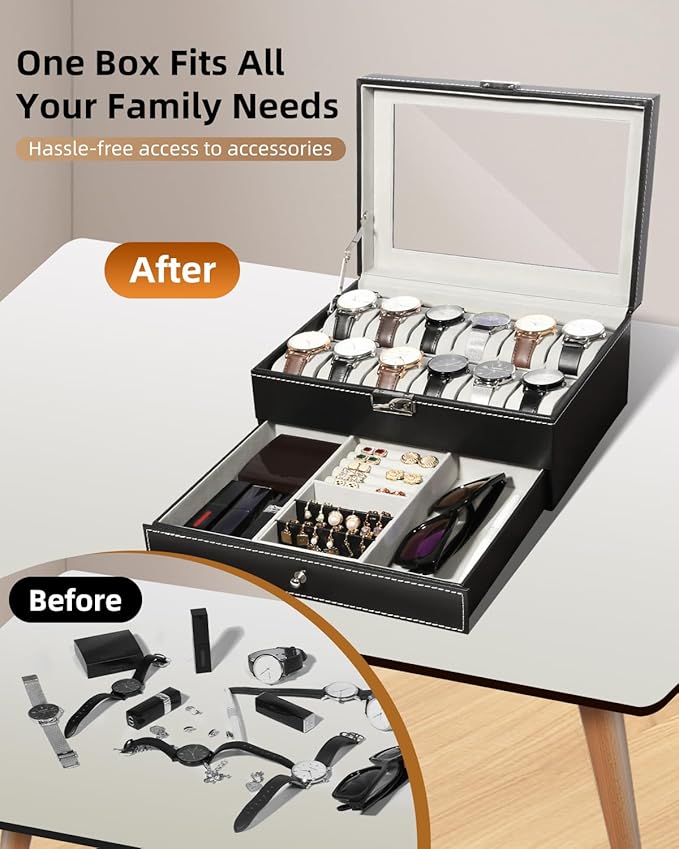 Uten Watch Box, 12 Slots PU Leather Watch Display Case with Jewelry Drawer, Removable Watch Pillow, Metal Clasp, Watch Box Organizer