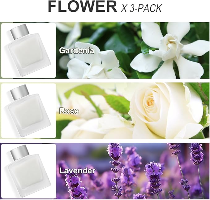 3-Pack Reed Diffuser Set, Gardenia/Lavender/Rose Scented Oil, Flower Aroma Essential Oils with Diffuser Sticks, Long Lasting Bathroom Air Freshener, Home Fragrance for Room Decor