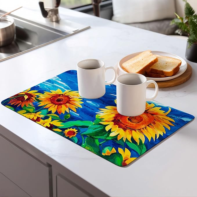 Sunflower Dish Drying Mat for Kitchen Counter Microfiber Super Absorbent Non-Slip Dish Drying Pad for Countertops Dishes Utensils Stylish Quick-Dry Machine Washable 18x24 Inch