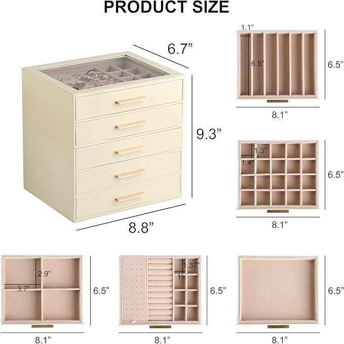 Frebeauty Clear Lid Jewelry Box,5-Layer Jewelry Organizer with Drawer,PU Leather Jewelry Organizers and Storage,Jewelry Boxes for Women,Jewelry Storage for Rings Earring Stud,Gift for Women(Beige)