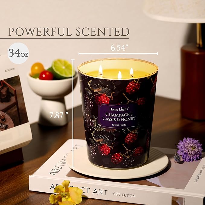 HomeLights Scented Candles | Large Jar 34 Oz Natural Soy Candle | 130 hrs Long-Lasting with 3 Wicks | Eclectic Mixed Styles Home Decor | Gifts for Mom & Women, Champagne Cassis & Honey