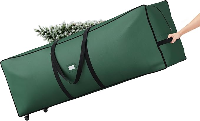 ELYKEN Christmas Tree Storage Bag with Wheels, Rolling Storage Bag for Artificial Christmas Tree and Decorations, Heavy Duty 600D Oxford Fabric, Length-Adjustable Handles, 16x20x64in, Green