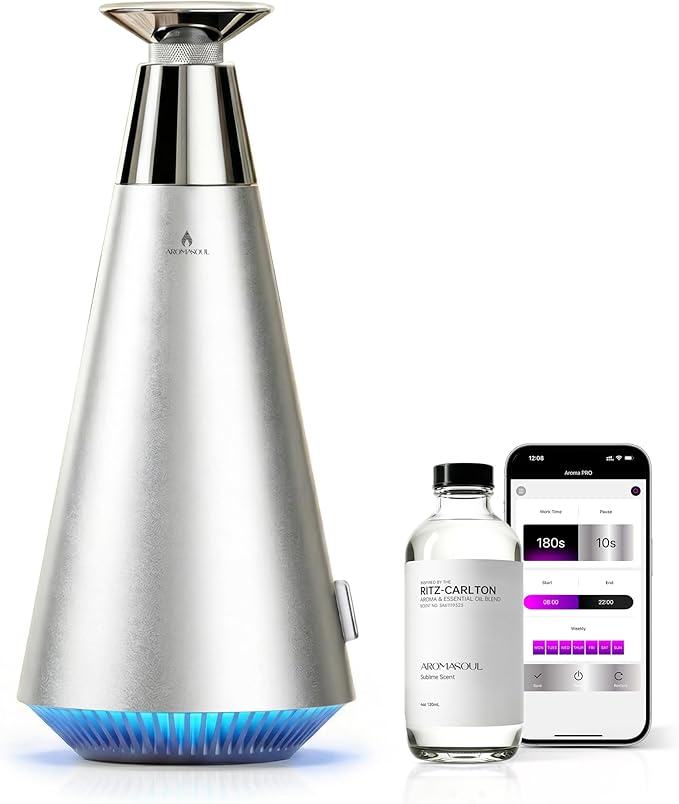 Waterless Scent Diffuser Starter Kit - 1500 Sq Ft Coverage, Alloy Atomization System,Mood Light,Smart Rechargeable Hotel Scent Diffuser, Including 120ml Essential Oil, for Home,Large Room,Spa,Silver