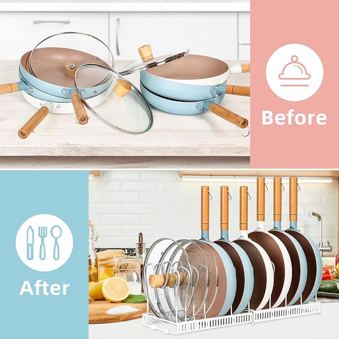 ROOHUA Pot Rack Organizer -Expandable Pot and Pan Organizer for Cabinet,Pot Lid Organizer Holder with 10 Adjustable Compartment for Kitchen Cabinet Cookware Baking Frying Rack