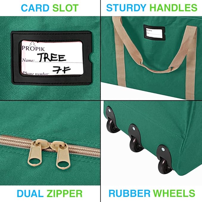 ProPik Christmas Rolling Tree Storage Bag, Fits Up to 9 ft. Tall Disassembled Holiday Tree, 28" X 16" X 60", Extra Large Heavy Duty Storage Container with Wheels, Front and Side Handles (Green)