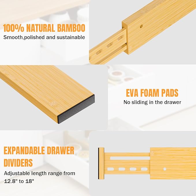 Ryqtop Bamboo Drawer Dividers 4" High, 12.8-18" Adjustable Drawer Organizers for Clothes,Expandable Dresser Separators in Bedroom/Kitchen/Bathroom/Office Organization and Storage,6 Pack