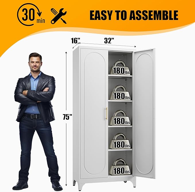 Kitchen Storage Cabinets, 75" Tall Metal Storage Cabinet with Doors and 4 Shelves, Kitchen Pantry Cabinets with Gold Handles, White Food Pantry, Large Cupboard for Dining Room, Office