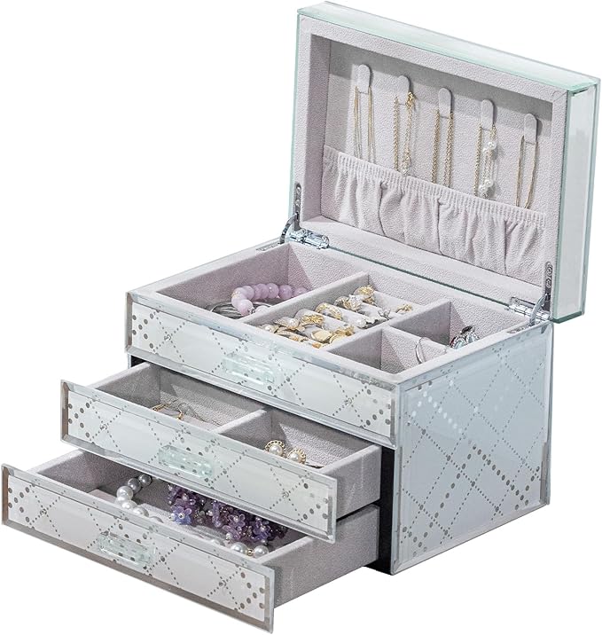 Glass Jewelry Box,Plaid & Sparkling Diamonds, 3-Tier Organizer for Women Girls,Jewelry Gift Decorative Boxes, Art Painting Tabletop Ornament Organizer For Earring Necklace Christmas Gifts