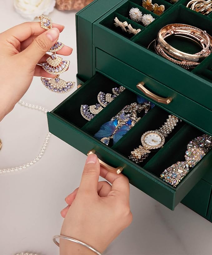 Jewelry Box with 4 Drawers: Display Organizer for Earrings Necklaces - Gifts for Girls Women (Forest Green)