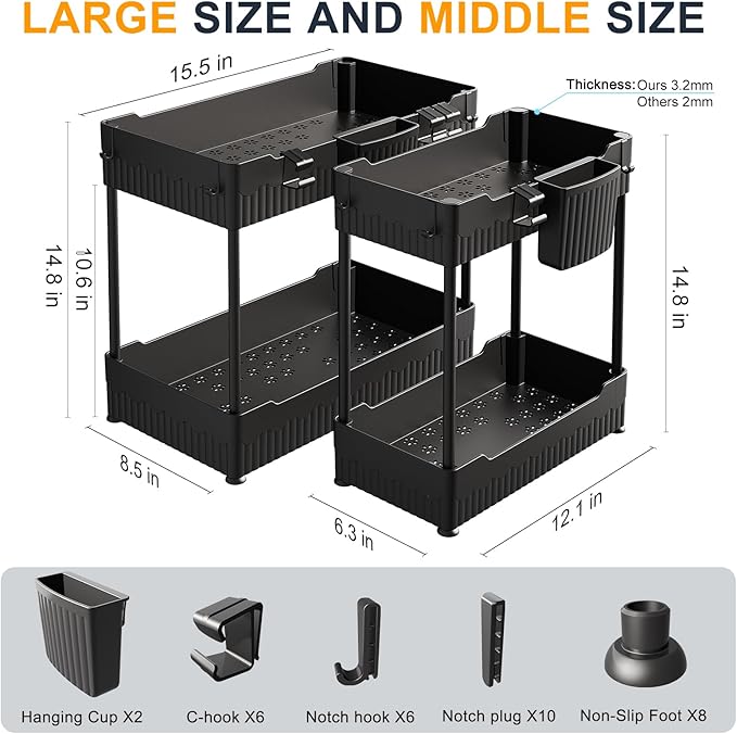 Sevenblue 2 Pack Under Sink Organizer, Under Bathroom Cabinet Organizer with Hooks Hanging Cup, Multi-Purpose Storage Shelf for Kitchen Bathroom (Black, XL)