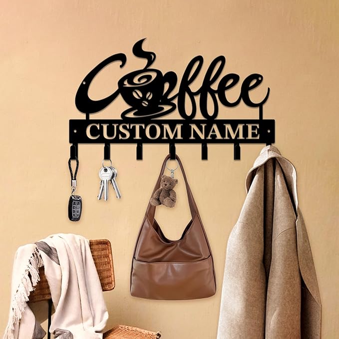 Personalized Custom Name Coffee Bar Wall Keys Hooks,Metal Coffee Shop Art Clothes Hooks,Metal Coffee Lover Wall Home Storage Decorative,For Front Door, Hallway, Kitchen, Bedroom,Keys,Hats (Style J)