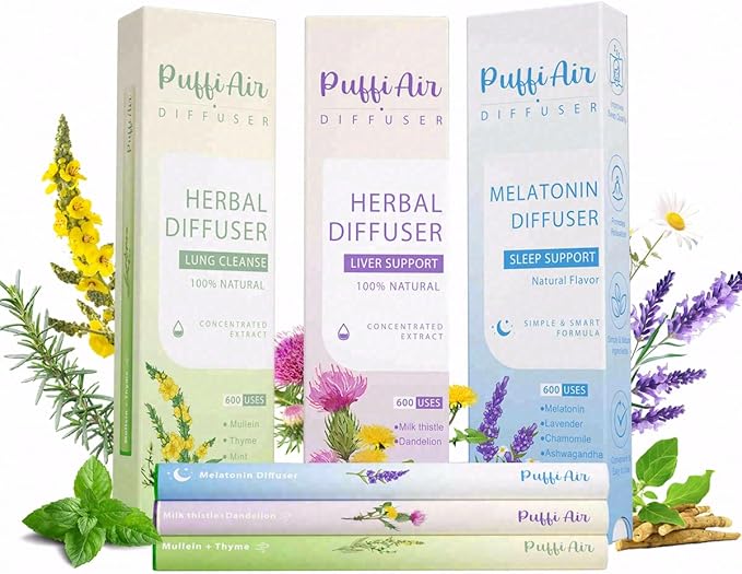 PUFFIAIR Daily Balance Trio Herbal Diffuser Pen Set | Refresh Reset Calm Blends | Green Purple Blue | 3 Count