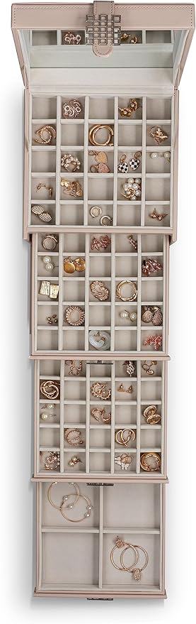 Glenor Co Earring Organizer Holder - 75 Small & 4 Large Slots Classic Jewelry Box with Drawer & Modern Closure, Mirror, 4 Trays Earrings, Ring or Chain Storage - PU Leather Case - Sand
