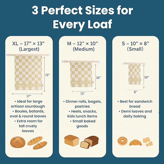 Buzzy Bags 3-Pack Reusable Beeswax Bread Bags (XL, M, S) - Organic Cotton Beeswax Bread Storage Bag for Homemade Bread & Sourdough Freezer-Safe, Breathable & Freshness Support - Eco-Friendly Bread Bag