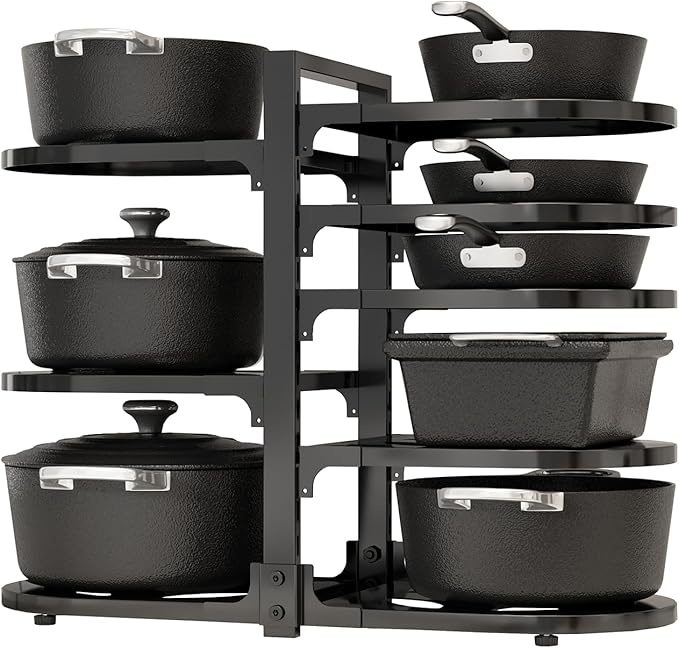 Fovkdcvw Adjustable Heavy Duty Pots and Pans Organizer Under Cabinet, 8-Tier Pot and Pan Organizers Inside Cabinet, Kitchen Cabinet Organizers and Storage, Black
