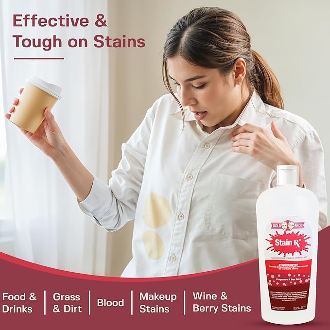 Stain Rx Stain Remover, Effectively Eliminates Stains from Wine, Berries & Blood on Colorfast Fabrics, Carpets, Upholstery & Jewelry, Fragrance & Dye-Free, Bleach-Free, Peroxides & Phosphates, 16 oz