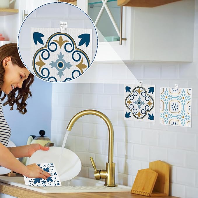 6 Pack Swedish Dishcloths for Kitchen,Swedish Rags Dish Towels with Clips, Reusable Paper Towels Washable Absorbent Cellulose Sponge Cloths for Cleaning Home Kitchen Valentines Gifts for Women