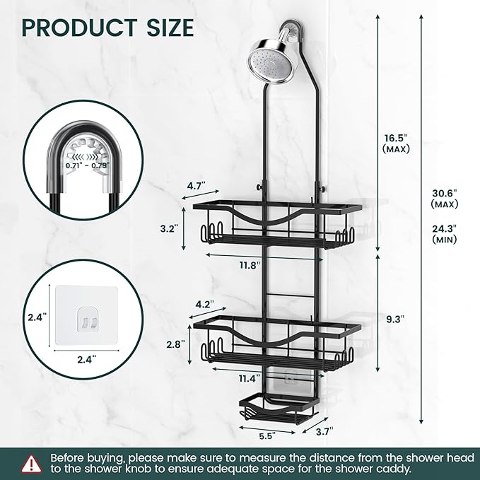 Shower Caddy Hanging Adjustable Shower Caddy, Rustproof Shower Organizer Extended Length Shower Caddies Over Shower Head with Hooks Soap Holder, Large Capacity Anti-Swing Bathroom Organizer, Black