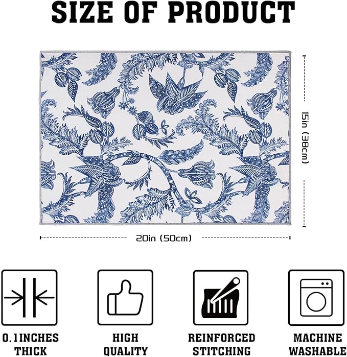 FULL BE DARE 2 Packs Blue And White Porcelain Dish Drying mat, Drying Matt Kitchen Counter, Microfiber Dish Drying Mats, 20x15 inches, Dish Drainer Mat Kitchen Counter, Fast Drying, Kitchen Must-Have