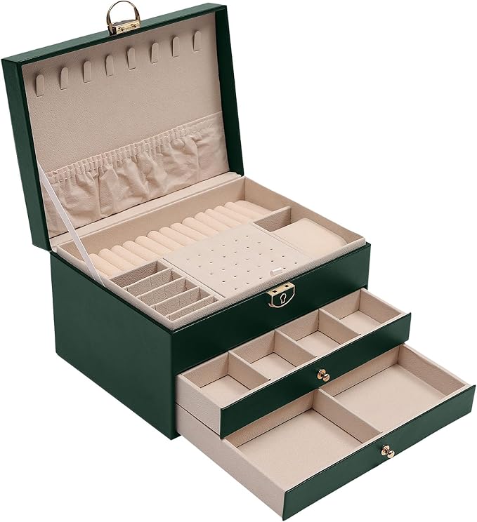 Jewelry Case 3 Layers Jewelry Organizer,Watch Box Earring Storage Box,Necklaces Holder Rings Organizer with Pull-Out Drawer,Lock,Green (Green)