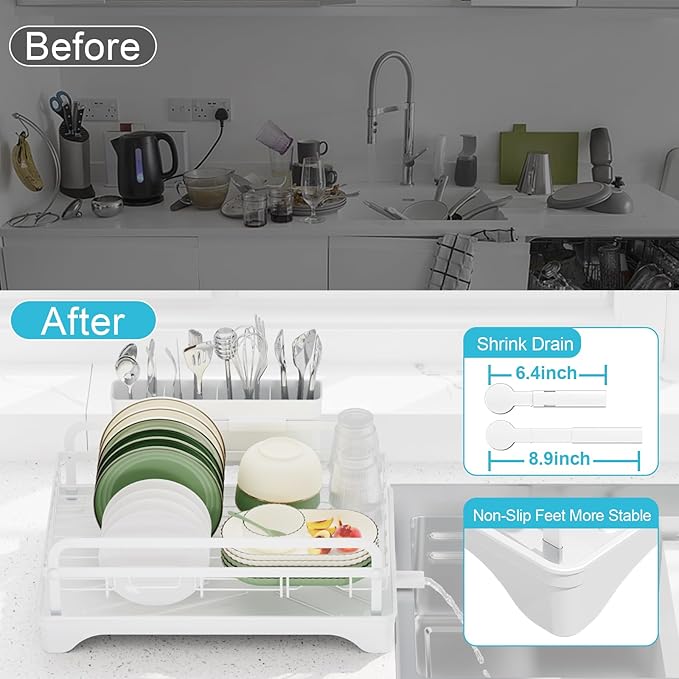 HOMEBOSILY Dish Drying Rack for Kitchen Counter - Large Capacity Dish Drying Rack with Drainboard, Kitchen Sink Dish Rack, Countertop Dish Drainer Rack with Cutlery Holders Dish Dryer Rack White