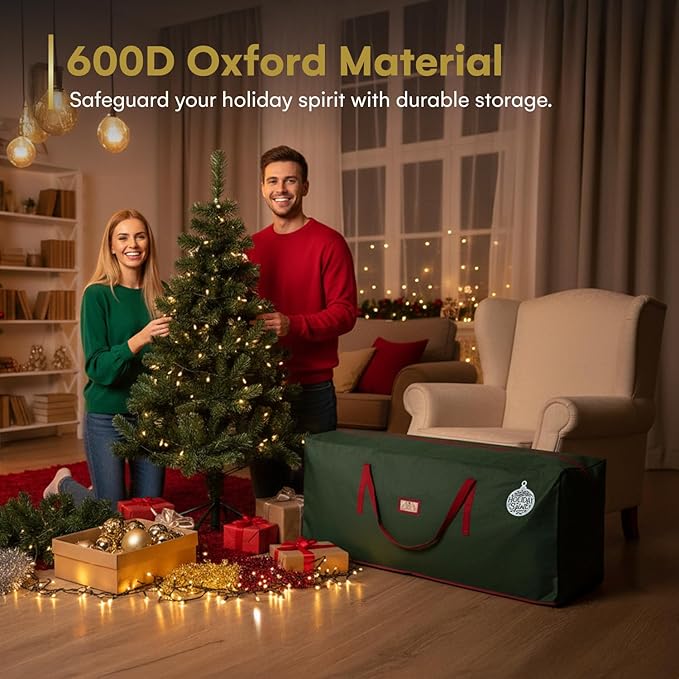 HOLIDAY SPIRIT Christmas Tree Storage Bag for 7.5 ft Tree - Heavy Duty, Waterproof 600D Oxford Canvas with Reinforced Handles and Dual Zipper - Protects from Dust and Moisture - Xmas Tree Bag, Green