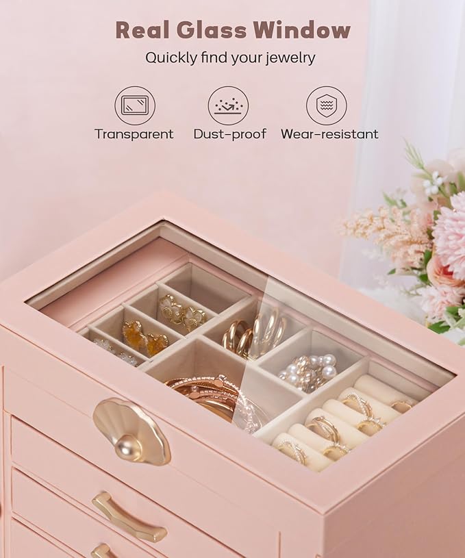 Jewelry Box with 4 Drawers : Display Organizer for Earrings Necklaces - Christmas Gifts for Girls Women (Peach Pink)