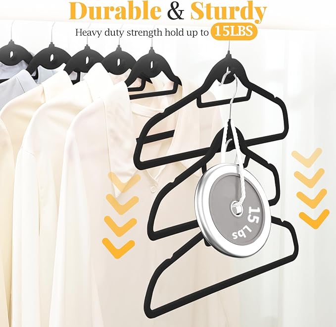 UEAKPIC Velvet Felt Stackable Hangers 50 Pack, Non Slip, with 360° Swivel Hook, Ultra Thin and Space Saving for Suits, Shirts, Coats, 15Lbs Capacity Heavy Duty, Black