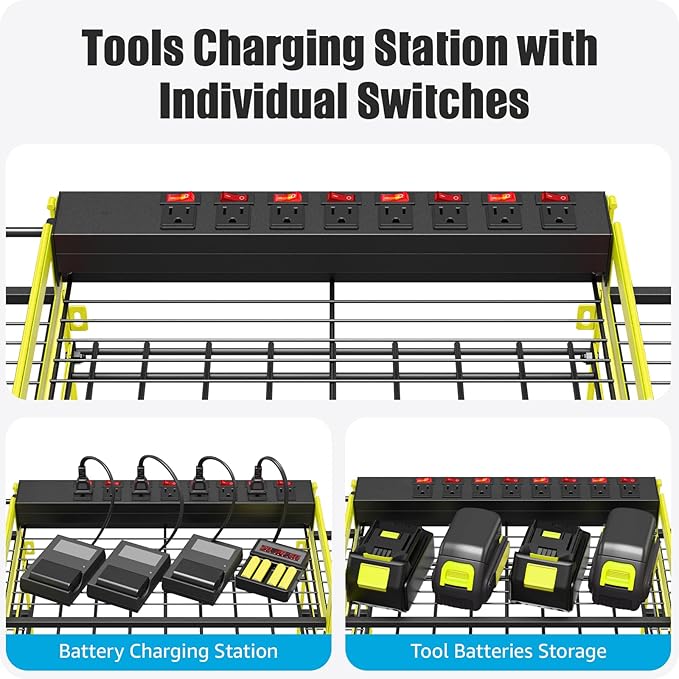 CCCEI Green Power Tool Organizer Wall Mount, Large Tools and Battery Storage Rack Charging Station Individual Switches. Drills Holder, Garage Utility Shelves with 6FT Power Strip. Gift for Men.