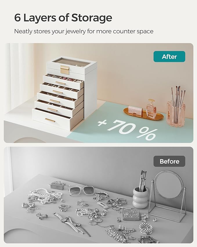 SONGMICS Jewelry Box Organizer with Glass Lid, 6-Layer Jewelry Storage, with 5 Drawers, Modern Style, 6.4 x 9.9 x 11.4 Inches, Cloud White and Gold Color UJBC171W01