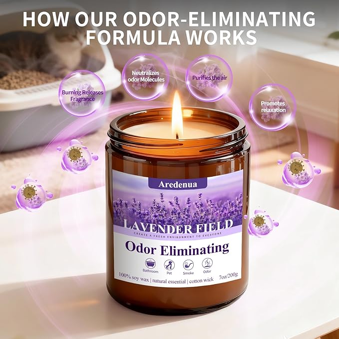Lavender Odor Eliminating Candles | Eliminates 95% of Pet, Bad Smell & Bathroom Odors – 7oz Hand Poured Soy Candle - Aromatherapy Stress Relief Scented Candles - Relaxing Gifts for Calm & Fresh Homes