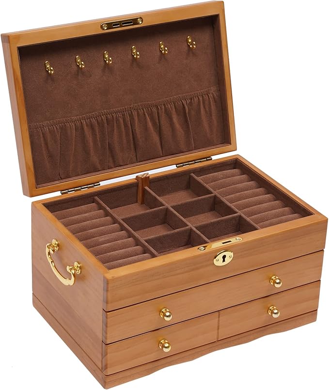 3-Layer Jewelry Box Organizer with Lock and Hooks, Wooden Jewelry Boxes Holder with 2 Drawers,Jewelry Storage & Organizers for Rings, Earrings, Bracelets, Necklaces,Christmas New Year Gifts