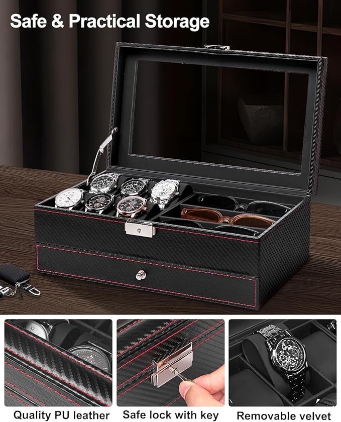 Jenseits Watch Box for Mens Jewelry Box, 6 Slot Watch Case & 3 Slot Sunglasses Organizer, Lockable PU Leather Jewelry Organizer Watch Display Storage W/Drawer For Rings Bracelets, Gift for Men Women