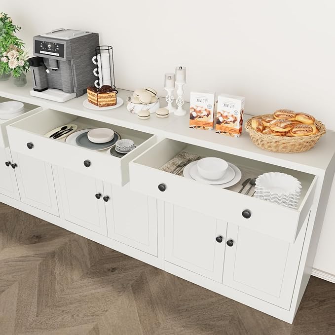 CJF Metal Pantry Cabinet, Coffee Bar Cabinet with Drawer & Adjustable Shelf, Sideboard Cabinets Kitchen Storage, Coffee Bar, Bathroom, Entryway, Home Office, Pantry-White