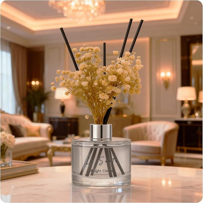 Reed Diffuser Set (6.7fl oz), Natural Bright Citrus Essential Oil Fragrance with Glass Bottle, Black Rattan Sticks & Preserved Flowers, Up to 120 Days Lasting Fragrance for Home & Office