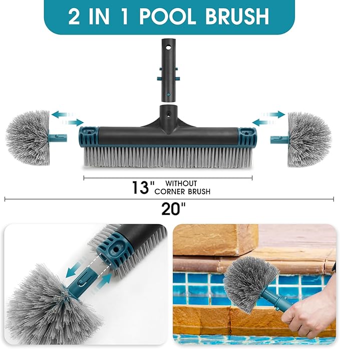 20'' Pool Brush Head, Detachable Pool Cleaning Brush with Durable Around Nylon Bristles, EZ Clip Aluminum Handle- Clean Swimming Pools Walls, Steps & Corners Faster