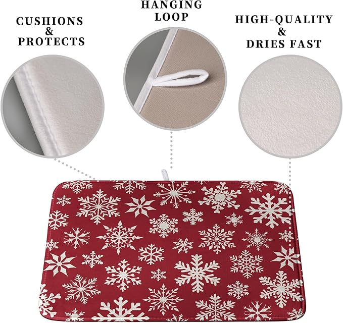 Kwlegh Christmas Snowflakes Dish Drying Mat for Kitchen Counter 16x18 Inch Red White Winter Xmas Pattern Dish Drying Pad for Dishes Microfiber Absorbent Dish Drainer Rack Mats for Countertop