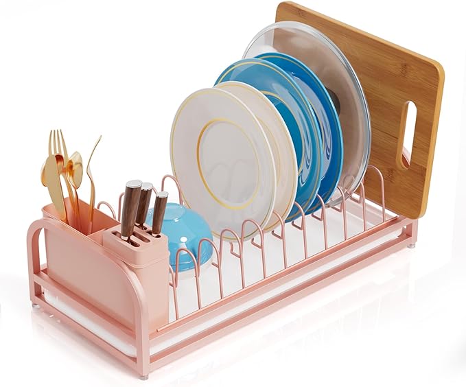 YEYPOP Pink Dish Rack - Small Dish Drying Rack for Limitied Kitchen Counter, Narrow Stainless Steel Dish Drainer w Tray, Cutlery Holder, Cute Kitchen Appliances Organizer for A Lovely You