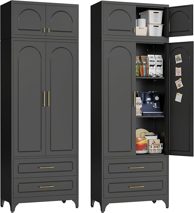 90" Pantry Kitchen Cabinet with Drawer, 75" Pantry Cabinets with 15" Cabinets, Freestanding Kitchen Storage Cabinet for Dining Room, Living Room, Alacena para Cocina, Assembly Required, Black
