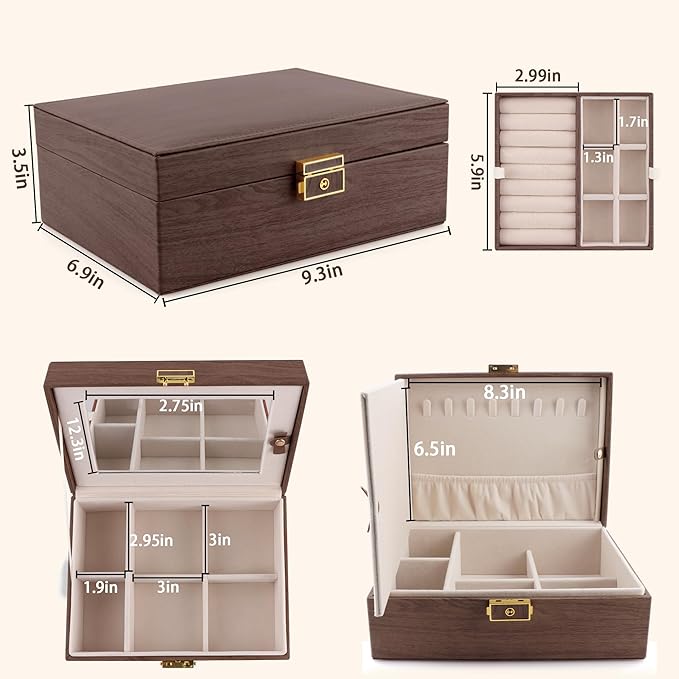 Homeanda Jewelry Box with Mirror Travel Jewelry Organizer 2 Layer Large Jewelry Storage Case Waterproof PU Leather Storage for Women Girls (Dark Brown)