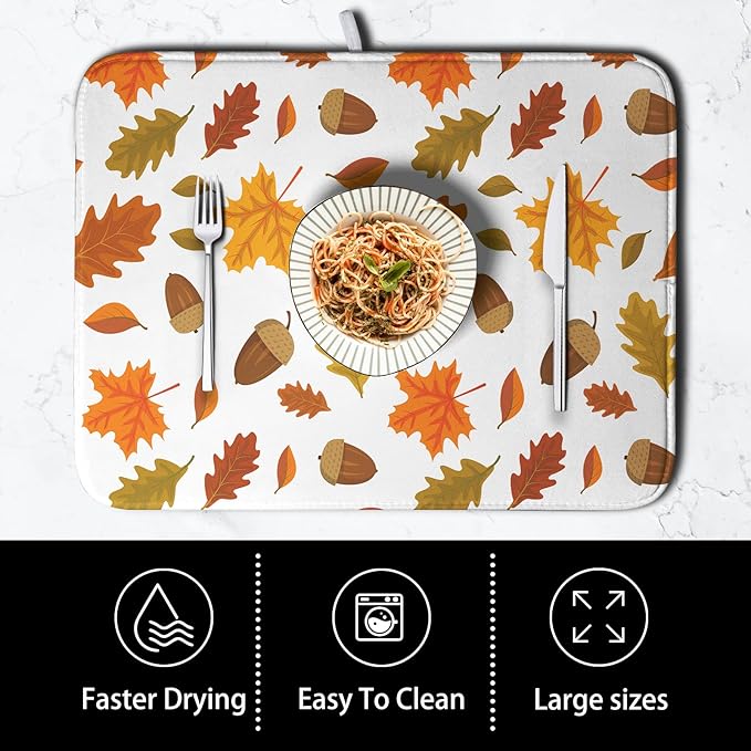Kwlegh Fall Leaves Dish Drainer Mat - Absorbent Drying Mat for Counter - 18x24 Inch, Orange Maple Leaf Pattern
